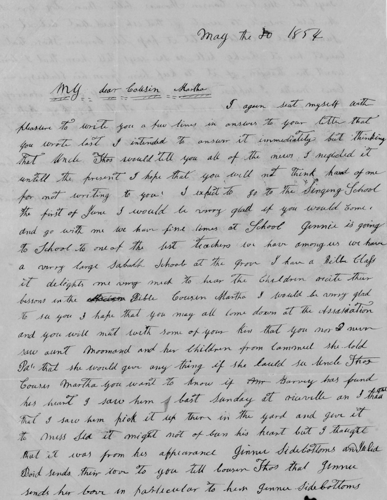 Letter - Bettie Revis to Martha H Clark May 20 1854