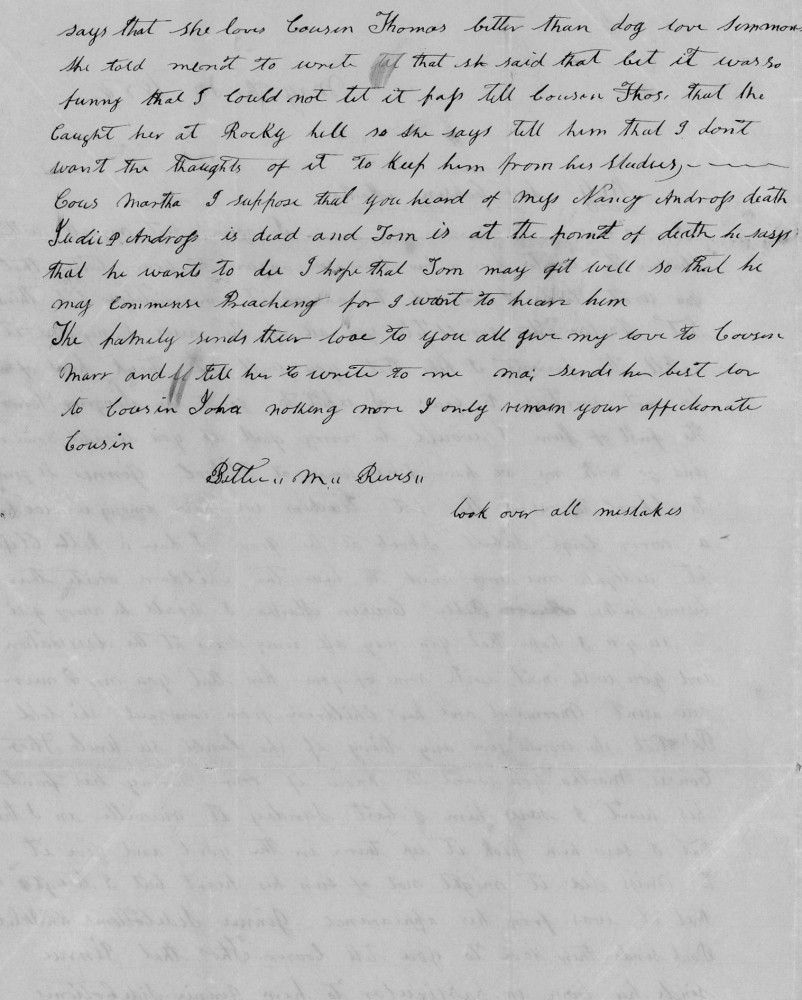 Letter - Bettie Revis to Martha H Clark May 20 1854