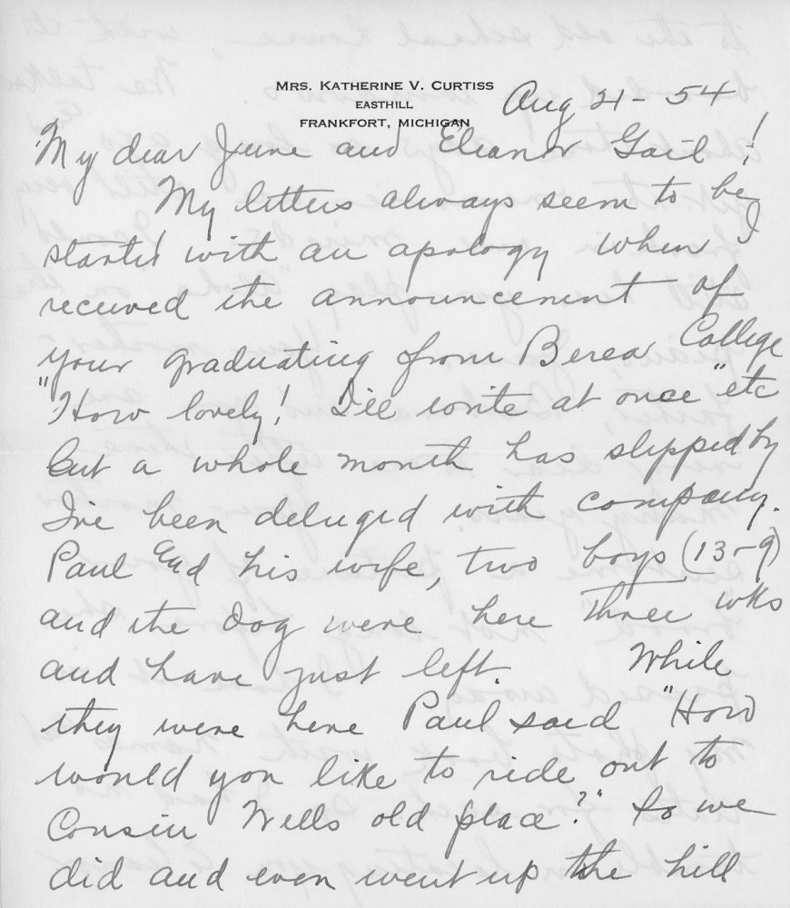 Letter - Katherine V Curtiss to Mrs H G Ingram Aug 23 1954