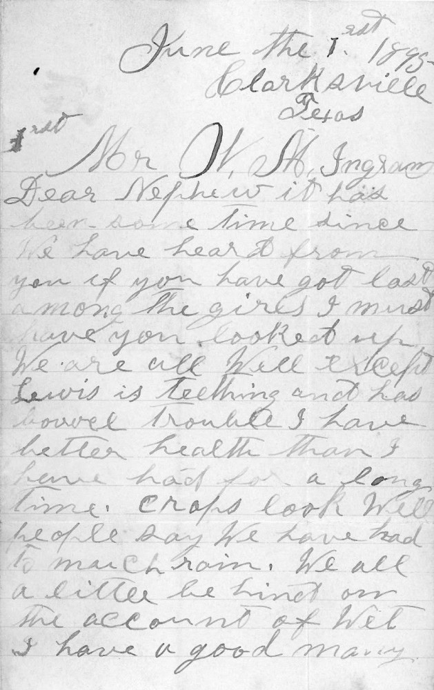 Letter - J P Ingram to W M Ingram Jun 1 1895