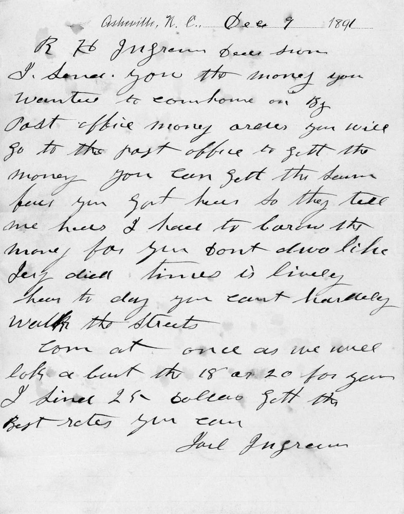 Letter - Joel Ingram to R H Ingram Dec 9 1891