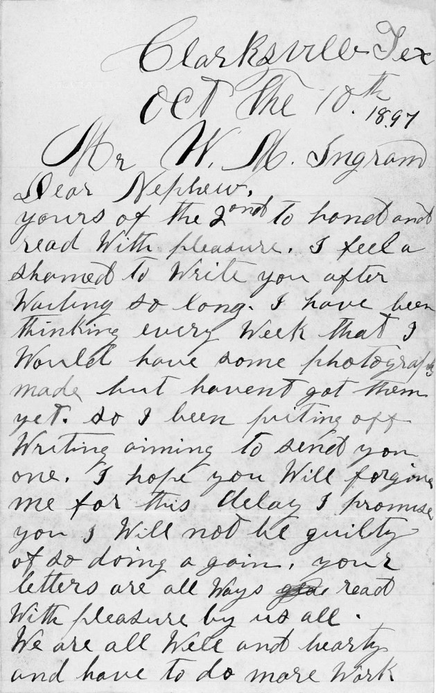 Letter - J P Ingram to W M Ingram Oct 10 1897