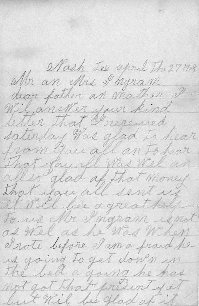 Letter - M H and Nora Ingram to Mr Joel Ingram Apr 27 1908