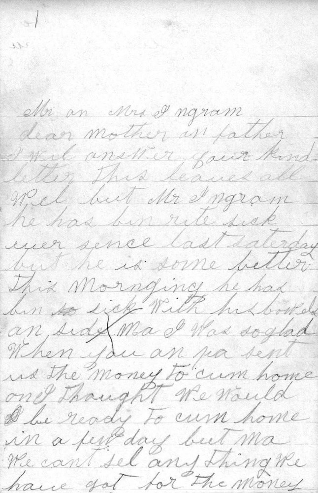 Letter - M H and Nora Ingram to Joel Ingram Jul 8 1908
