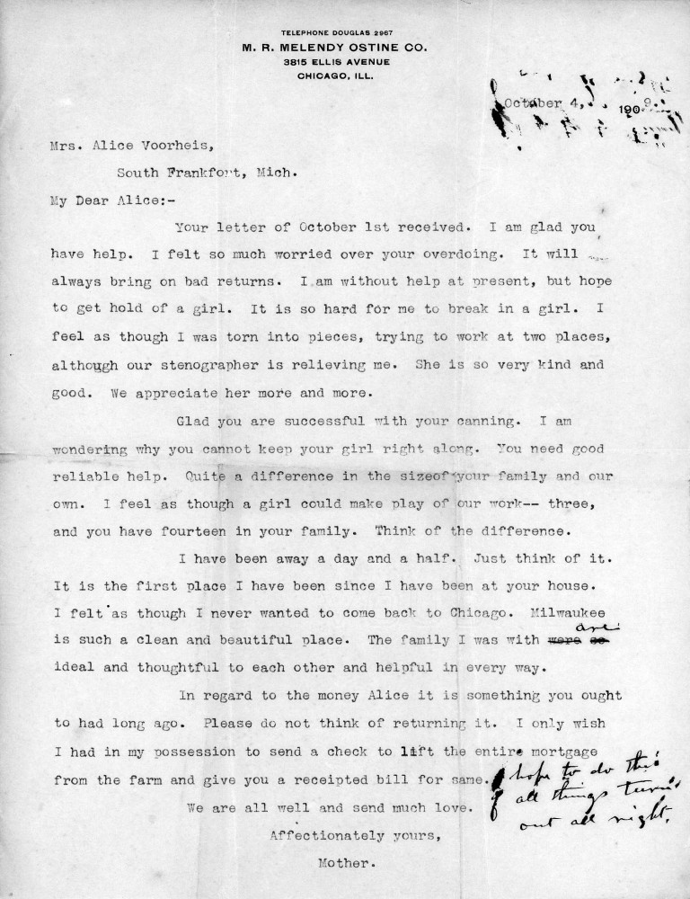 Letter - Mrs S B Mottinger to Mrs W G Voorheis Oct 4 1909