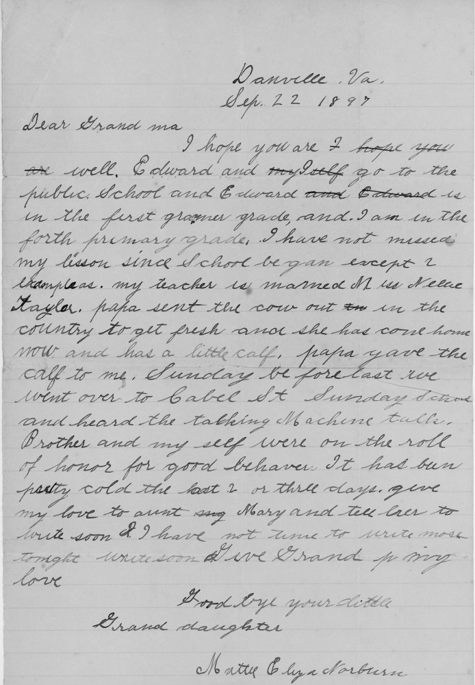 Letter - Martha E Norburn to Martha H Clark (Strickland) Sep 22 1897