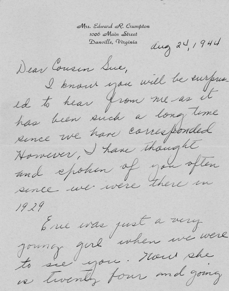 Letter - Mrs Edward Crumpton to cousin Susan L Strickland (Norburn) Aug 24 1944