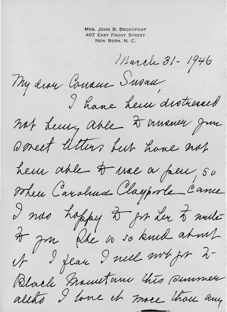 Letter - Frances Bryan (Broadfoot) to cousin Susan L Strickland (Norburn) Apr 1 1946