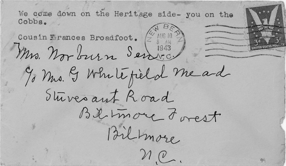 Letter - Frances Bryan (Broadfoot) to Martha E Norburn Aug 1943