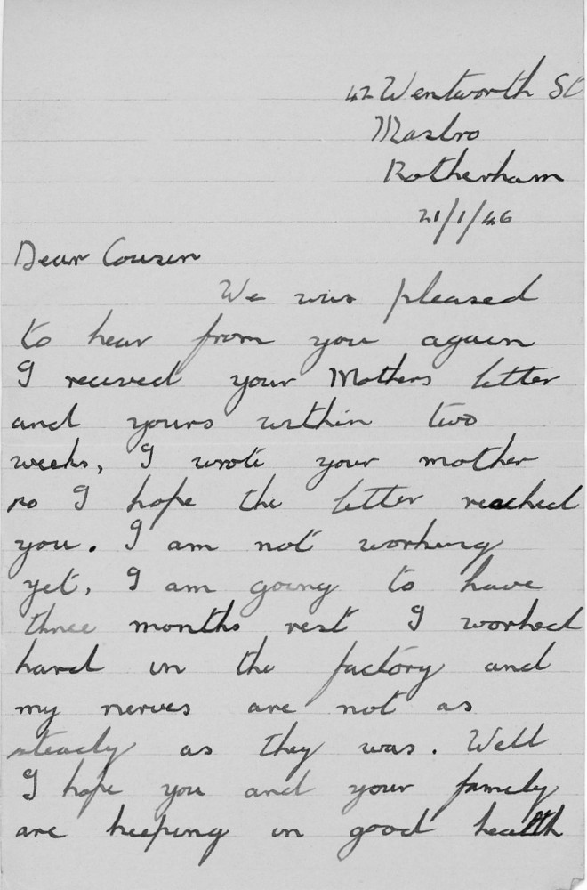 Letter - Violet Garnett to cousin Martha E Norburn Jan 21 1946
