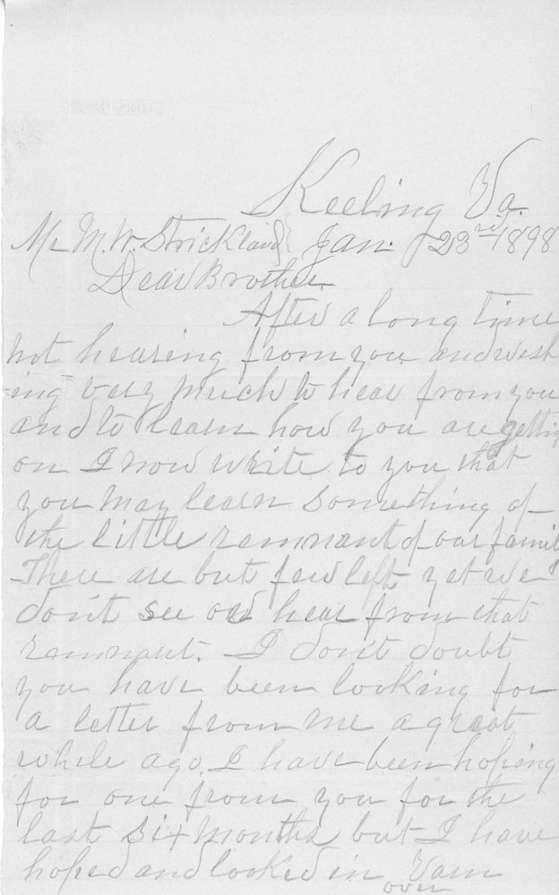 Letter - Isaac? H Strickland to brother Matthew W Strickland Jan 24 1898