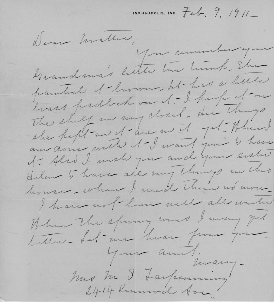 Letter - Mary V C Strickland (Tarpenning) to Martha E Norburn Feb 9 1911
