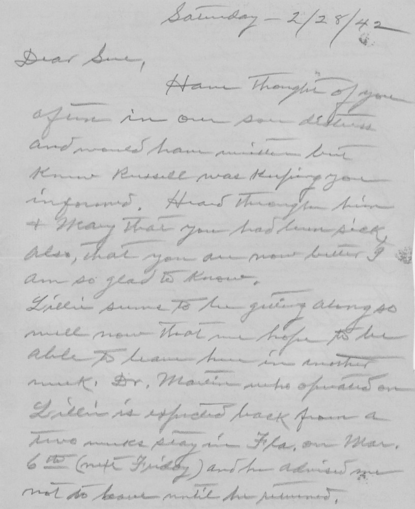 Letter - Edward F Strickland to Susan L Strickland (Norburn) Feb 28 1942
