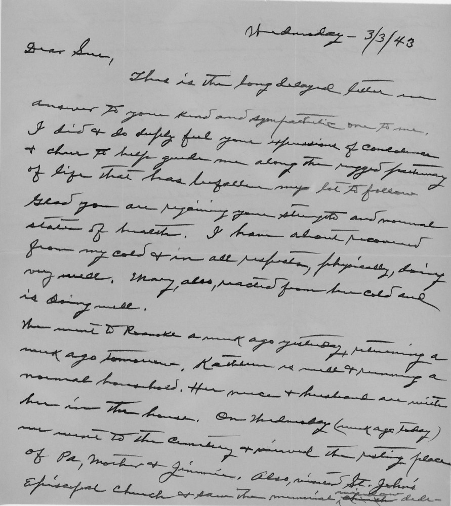 Letter - Edward F Strickland to Susan L Strickland (Norburn) Mar 3 1943