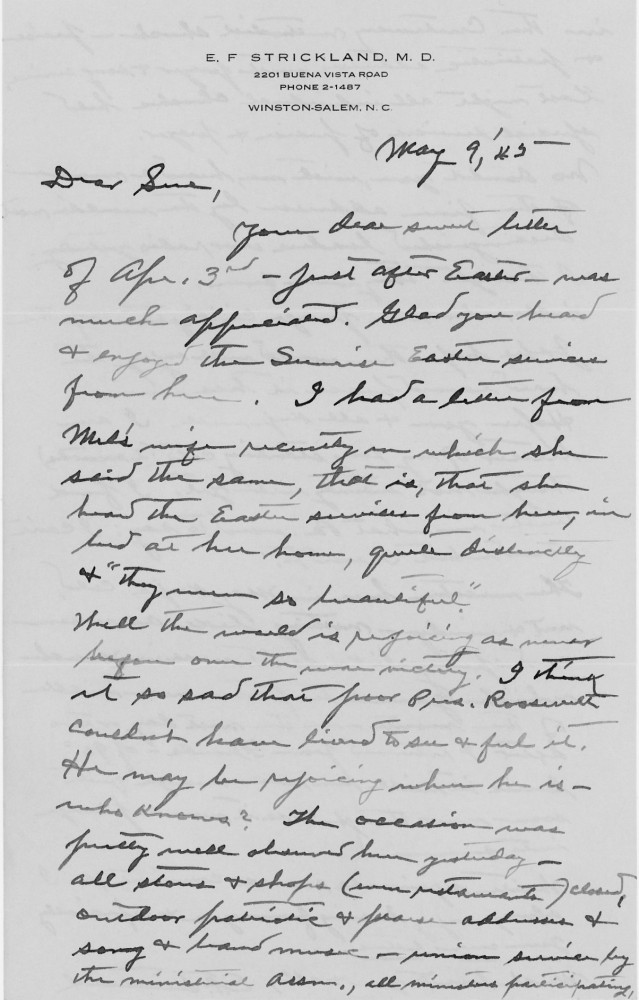 Letter - Edward F Strickland to Susan L Strickland (Norburn) May 9 1945