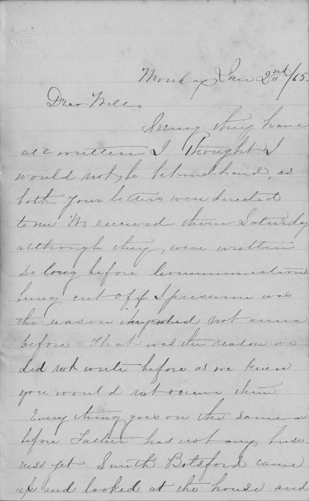 Letter - Sarah Voorheis and W C Voorheis to W G Voorheis Feb 2 1865