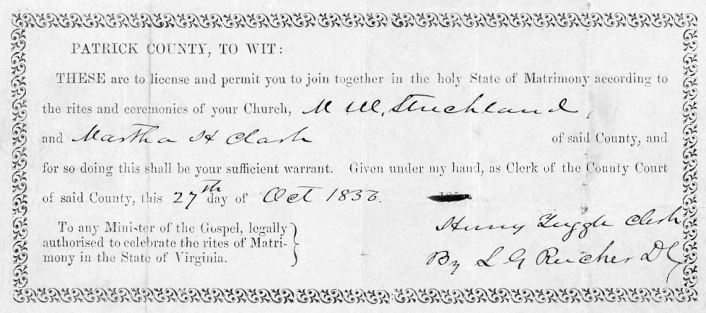 Document - Martha Clark and William Strickland marriage certificate 