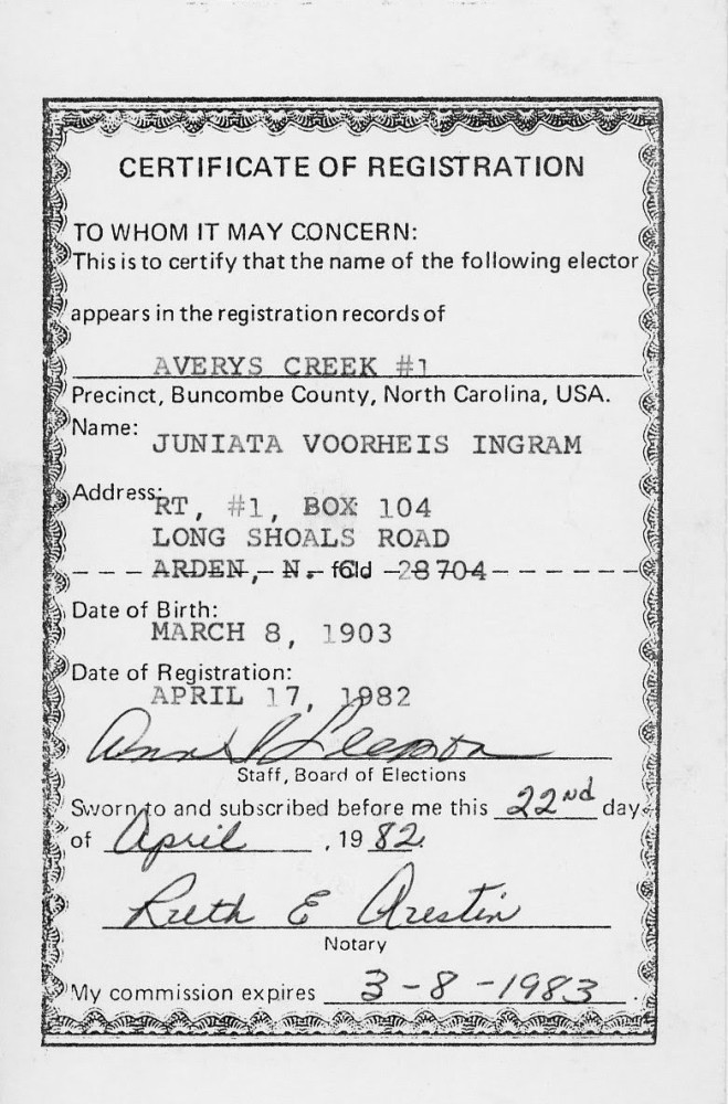 Document - Voter Registration: Juniata Voorheis (Ingram) Apr 17 1982
