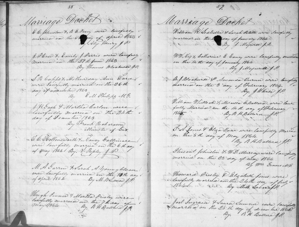 Document - Marriage docket: Laura Sumer and Joel Ingram Dec 25 1865