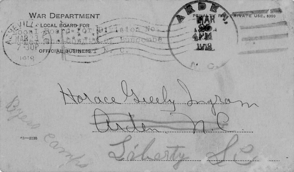 Document - Notice: War Dept to Horace Ingram Mar 25 1918