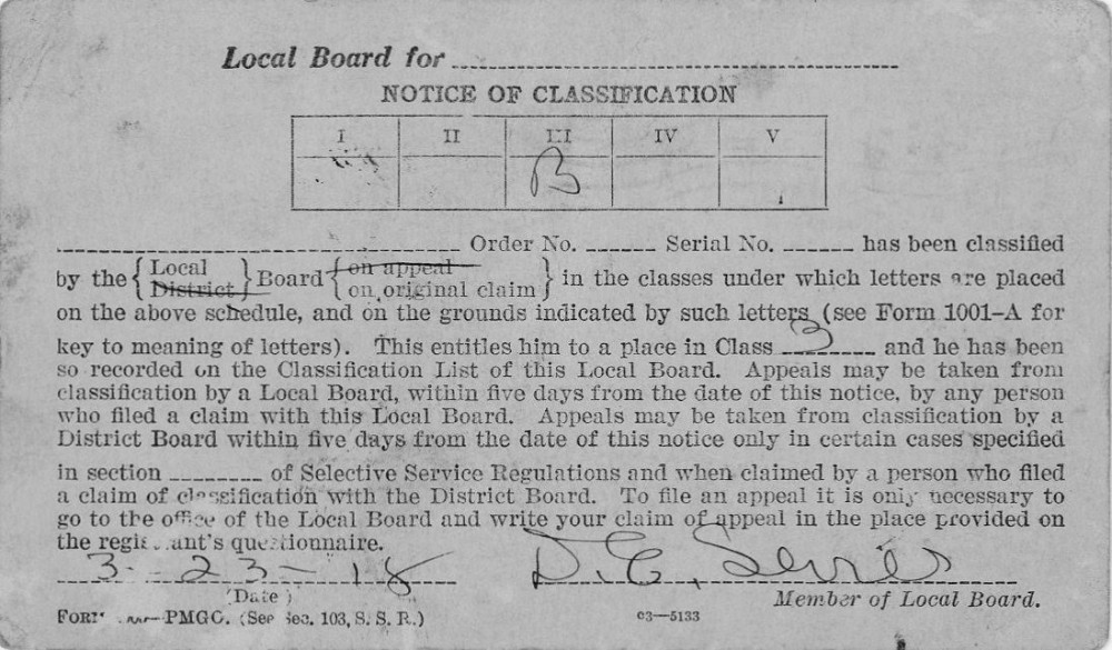 Document - Notice: War Dept to Horace Ingram Mar 25 1918