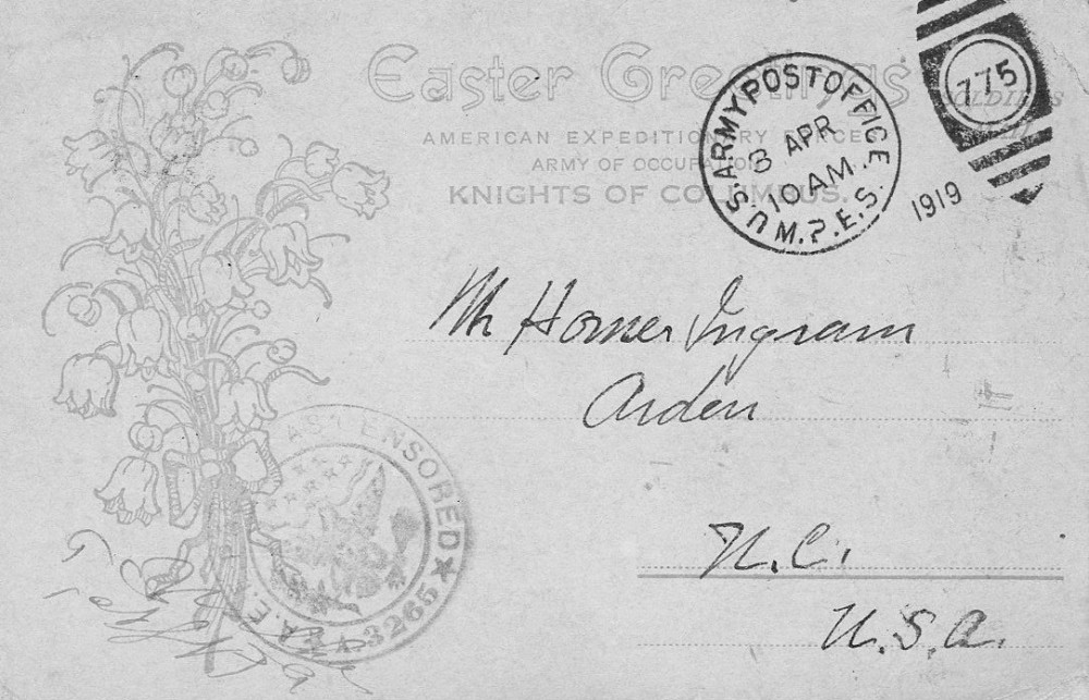 Document - Postcard: Horace Ingram to Homer Ingram Mar 25 1919