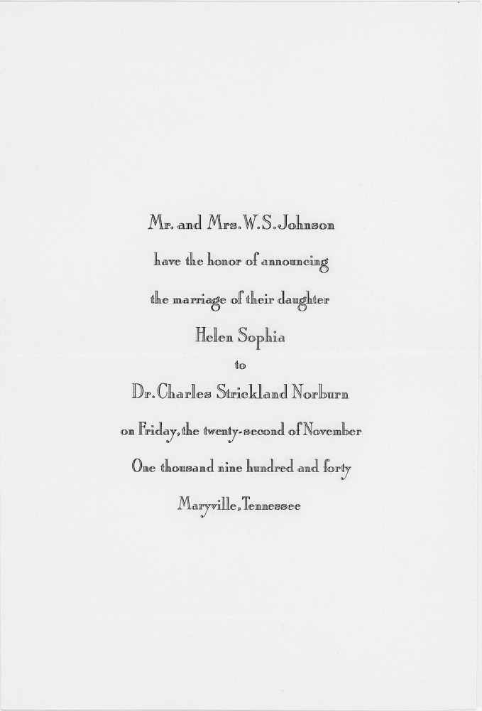 Document - Marriage Announcement: Helen Johnson and Charles Norburn Nov 22 1940