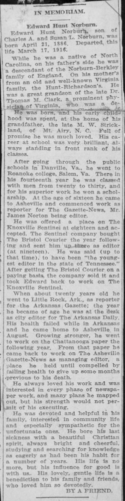 Document - In Memoriam: Edward H Norburn - The Asheville Citizen Apr 1916