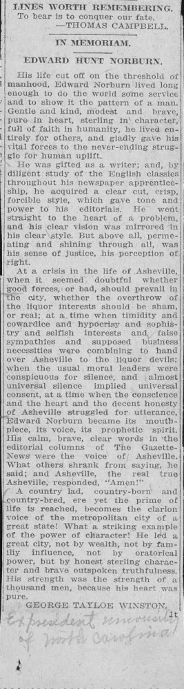 Document - In Memoriam: Edward H Norburn - The Asheville Citizen Apr 1916