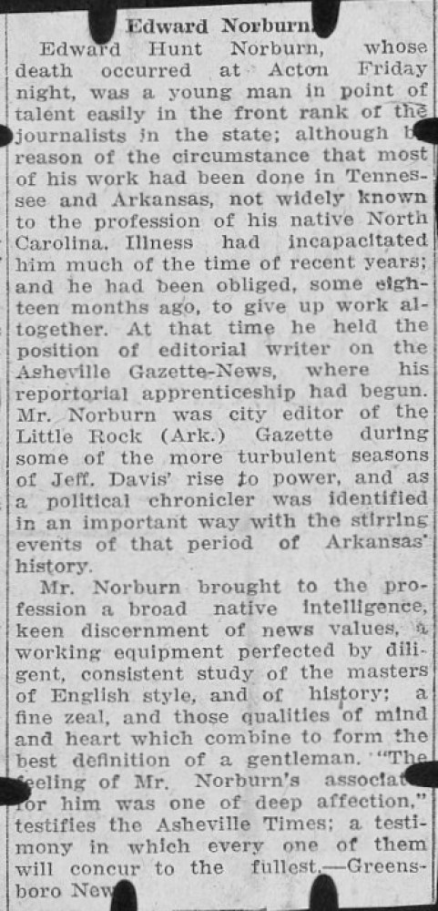 Document - In Memoriam: Edward H Norburn - Asheville Times Apr 6 1916