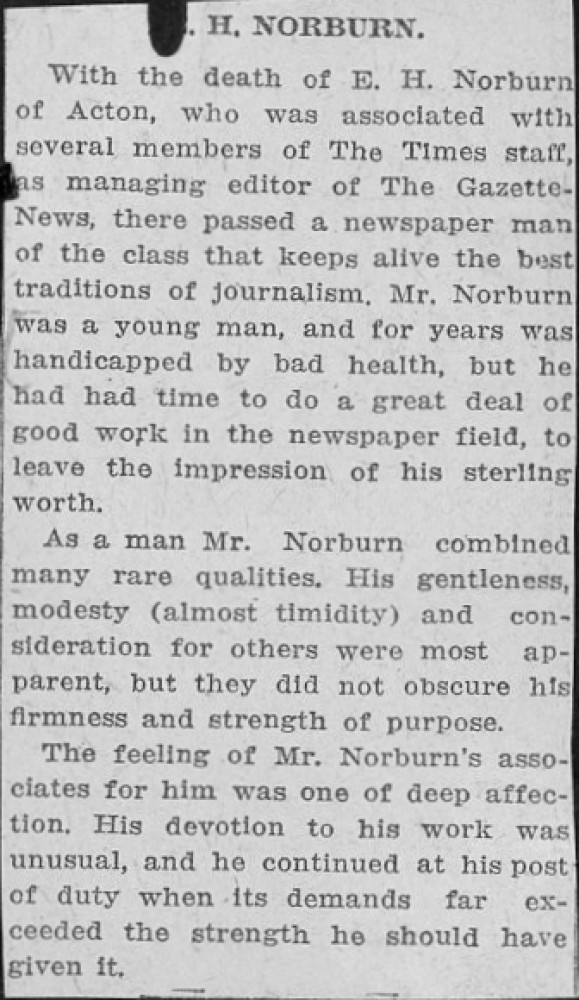 Document - In Memoriam: Edward H Norburn - Asheville Times Apr 6 1916