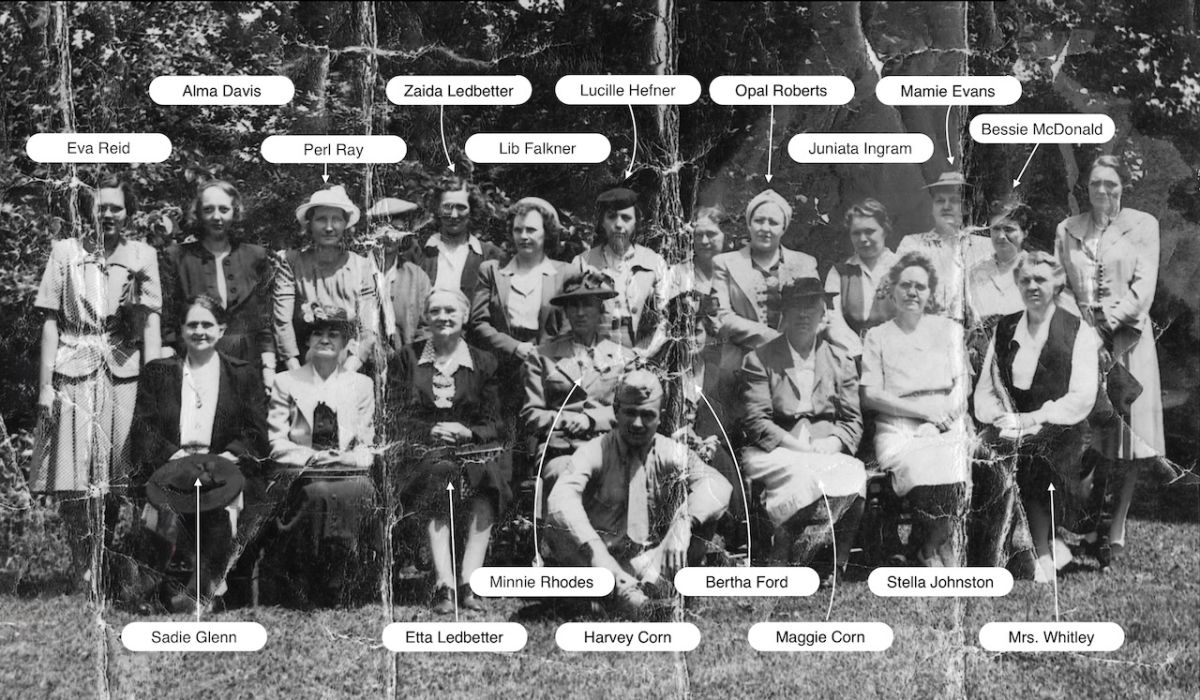 Averys Creek Home Demonstration Club 1942.   Front: Harvey Corn.   Middle L to R: Sadie Glenn, unkn, Etta Ledbetter, Minnie Rhodes, Bertha Ford, Maggie Corn, Stella Johnston, Mrs. Whitley.   Back L to R: Eva Reid, Alma Davis, Pearl Ray, unkn, Zaida Ledbetter, Lib Falkner, Lucille Heffner, unkn, Opal Roberts, Juniata Ingram, Mamie Evans, Bessie McDonald, unkn.