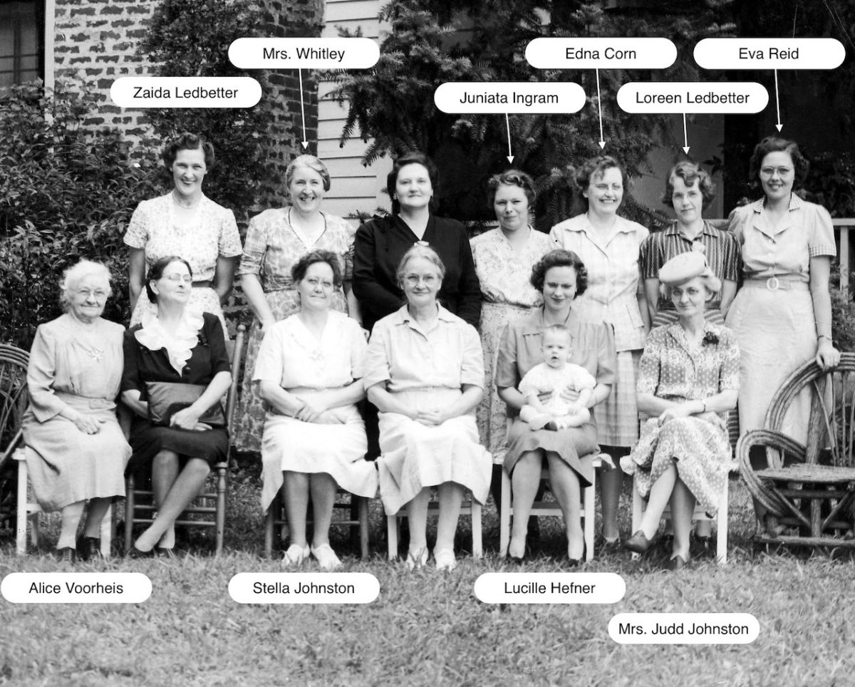(Back L to R) Zaida Ledbetter, Whiteley, unkn, Juniata Ingram, Edna Corn, Loreen Ledbetter, Eva Reid . (Front L to R) Alice M Voorheis, unkn, Stella Johnston, unkn, Lucille Johnston (Hefner), Mrs. Judd Johnston