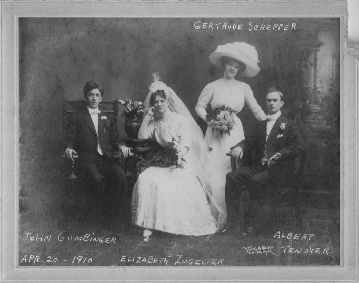 (L to R) John Gumbinger, Elizabeth Zugelter, Gertrude Schepper, Albert Tenover. 4-20-1910.