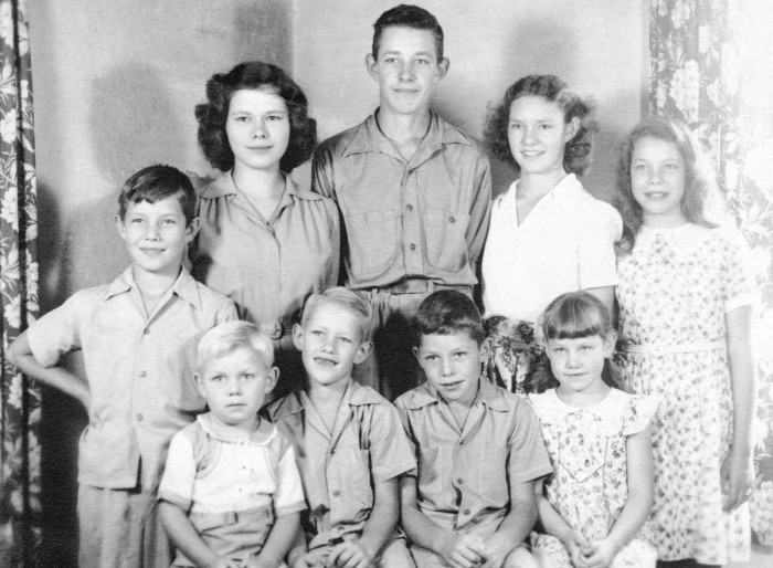 Ingrams. 
(Back L to R): Joe, Alice, Roger, Mary, Eleanor. 
(Front L to R): Larry, Tom, Jack, Elizabeth.