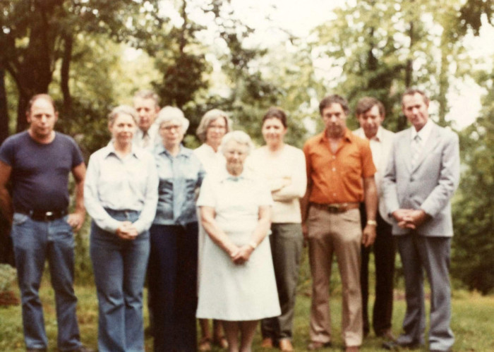 Ingram family. (L to R) Jack, Eleanor, Roger, Alice, Mary, Juniata, Elizabeth, Joe, Larry, Tom at Ingram house in Arden, NC after the death of Horace G Ingram.