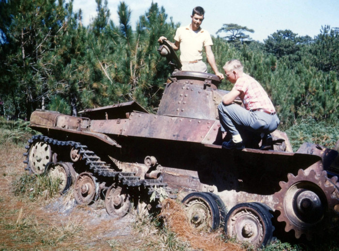 Joe Ingram near Baguio Phillipines with a Japanese tank 1954