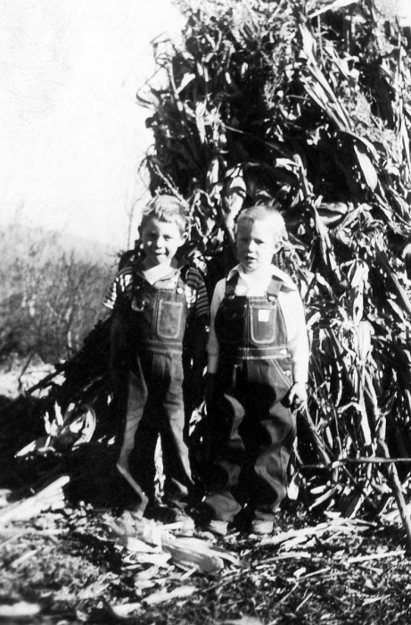 (L to R) Jack and Tom Ingram. On Back: "Tommy's first overalls"