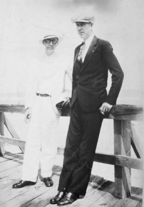 Horace G Ingram on right.  Charleston SC 1928. On back: Sullivans Island Charleston SC 1930 Top dog